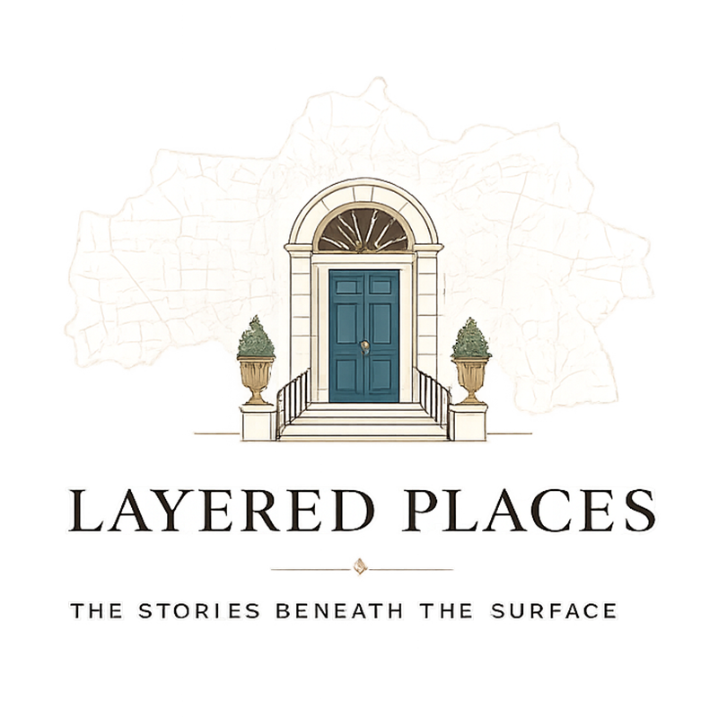 single door with topiaries on either side with text that reads layered places